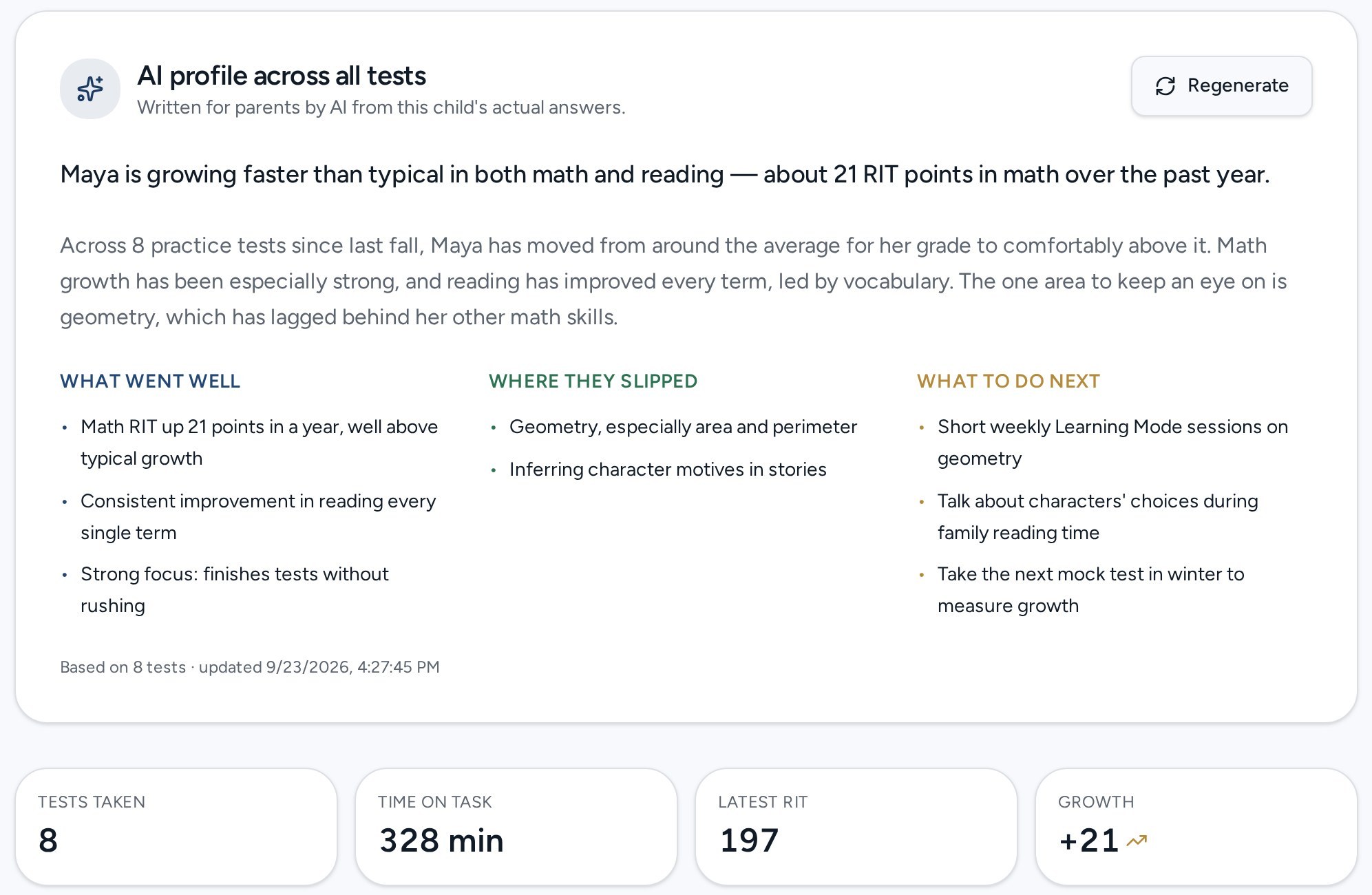 An AI progress summary across all of a child's tests