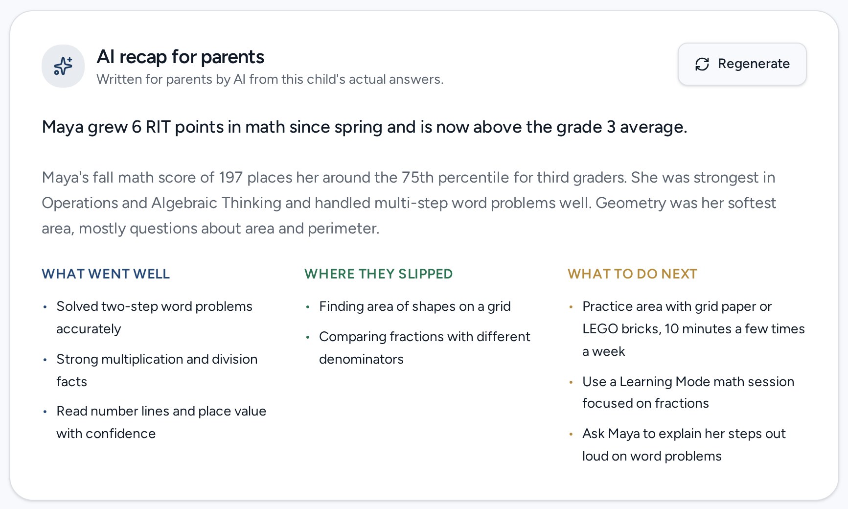 An AI recap for parents listing what went well, where the child slipped, and what to do next
