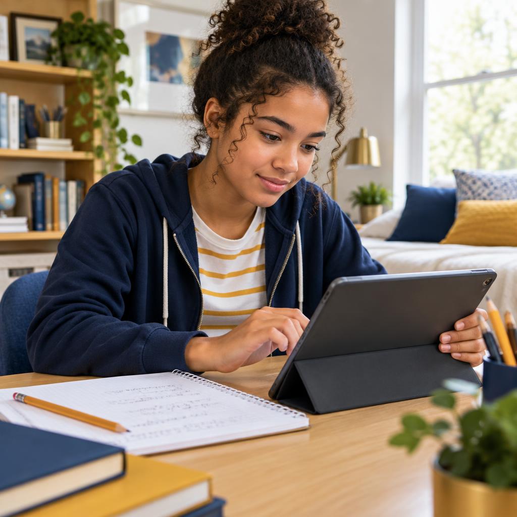 A high school student studying independently on a tablet