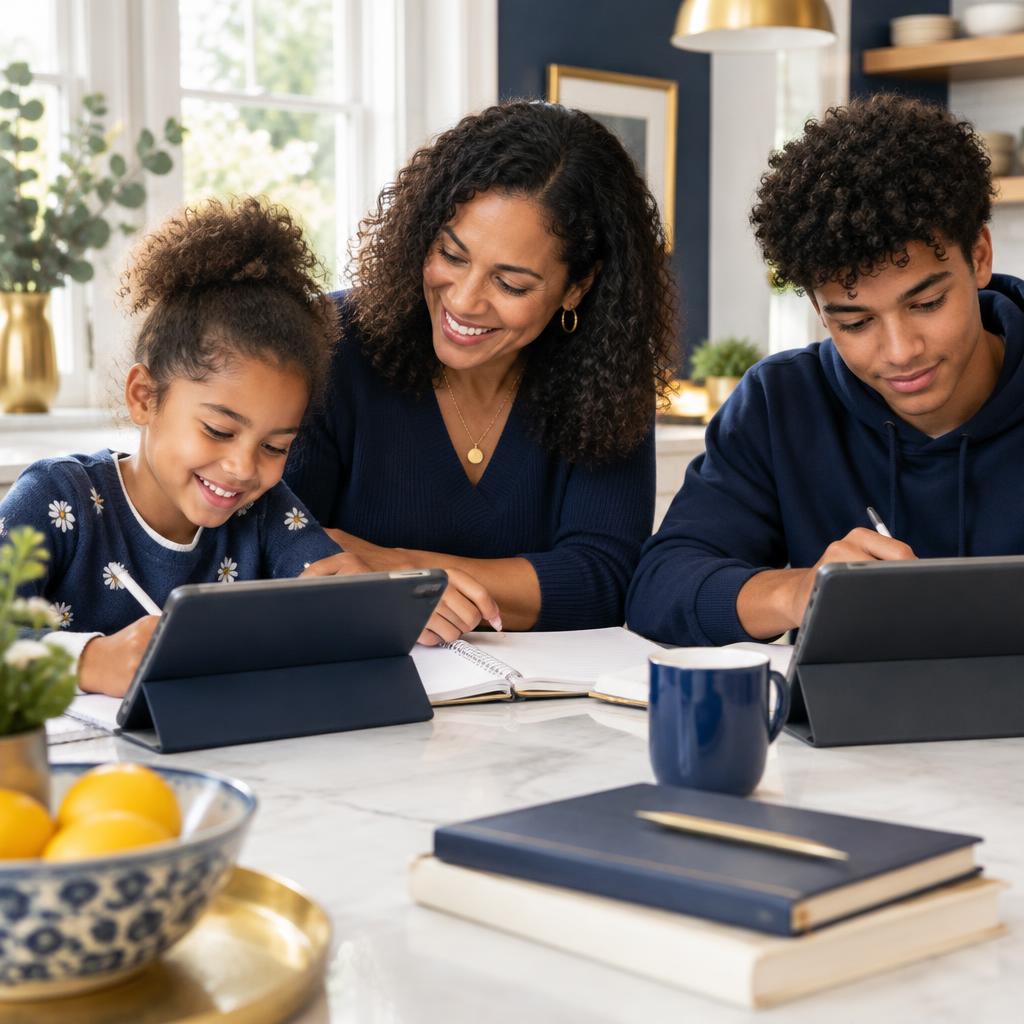 A parent learning with an elementary-age child and a high school student