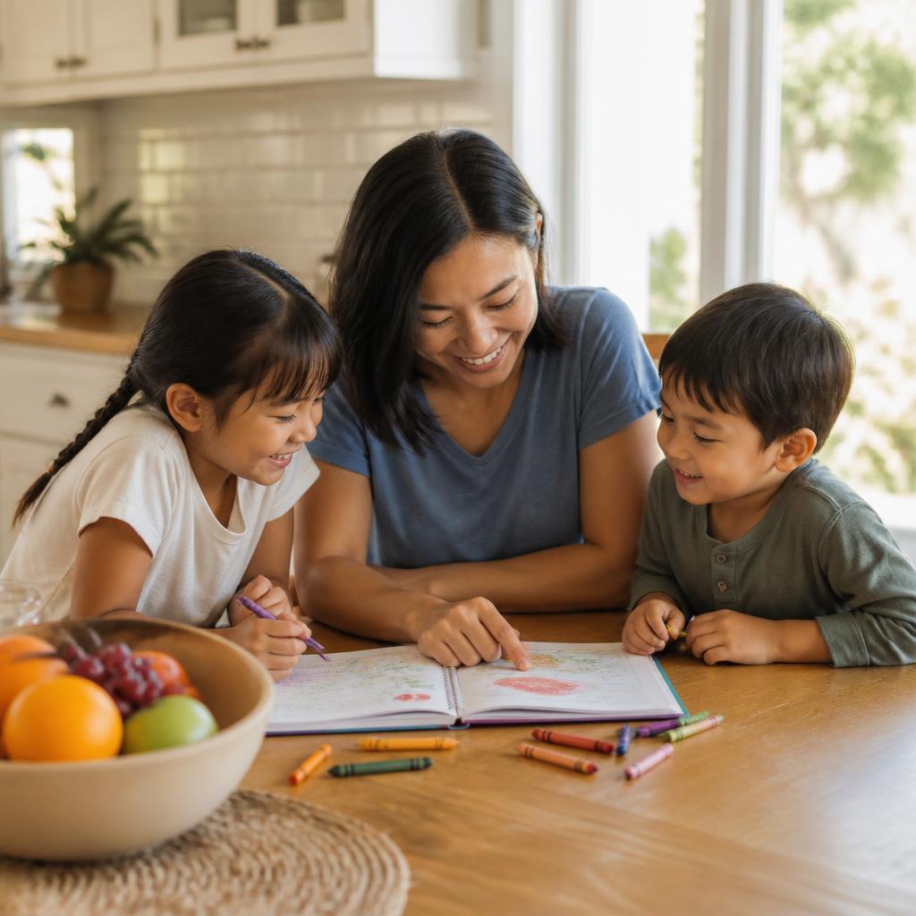 A parent learning with two children at a sunlit kitchen table